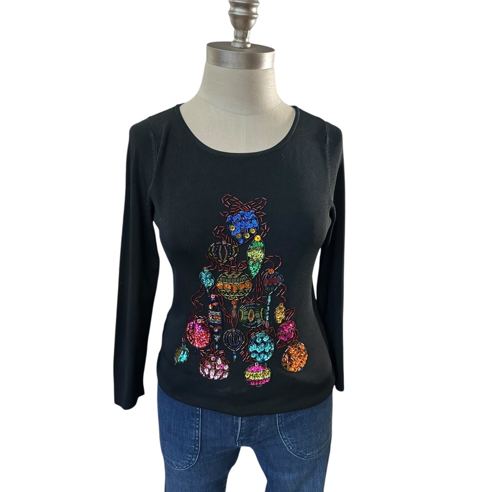 Vintage Black‎ Long Sleeve Embellished Ornament Christmas Tree Sweater Top S